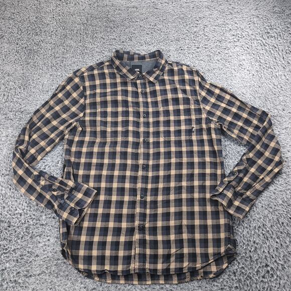 VANS Shirt Men Medium Black Brown Plaid Check Button Long Sleeve Skater Casual - Picture 1 of 6
